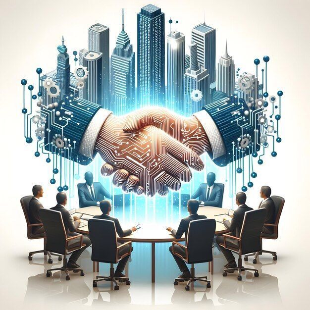 A business meeting around a conference table with a large digital circuit pattern handshake above, symbolizing technology partnership and business collaboration.