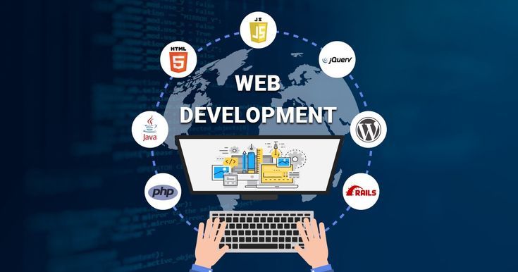 An illustration of web development concept featuring a computer screen surrounded by programming language icons like HTML5, JavaScript, PHP, and WordPress.