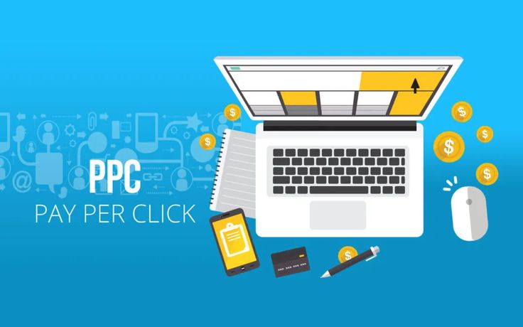 An illustration representing PPC Pay Per Click advertising, featuring a laptop, mouse, smartphone, and floating dollar coins for digital marketing ads.